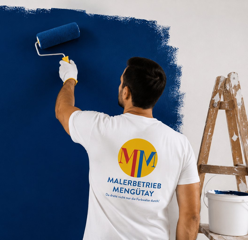Maler von Malerbetrieb Mengütay streicht eine Wand dunkelblau