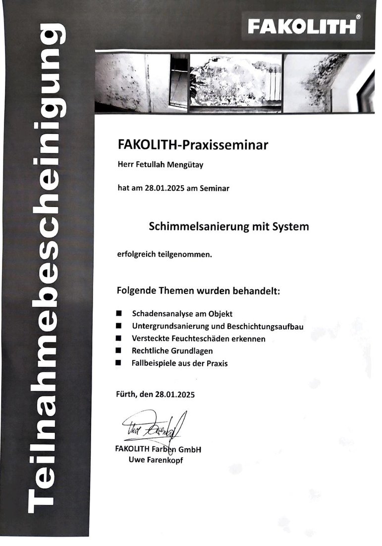 Teilnahmebescheinigung FAKOLITH-Praxisseminar Schimmelsanierung mit System